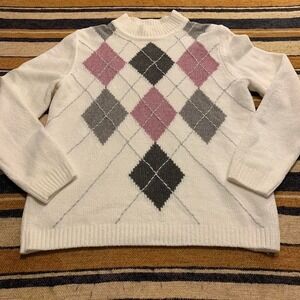 Alfred Dunner Argyle Sweater White Pink Mock Neck Small Preppy Y2K‎ Academia